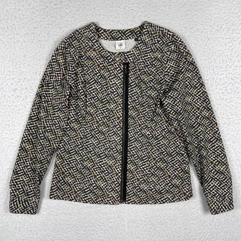 Cabi Asymmetrical Zip Jacket Womens Medium Black Multi Geometric Career Moto
